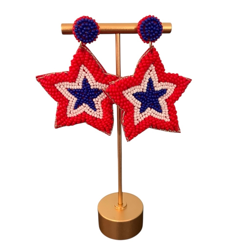 Red and Blue Star Beaded Earrings